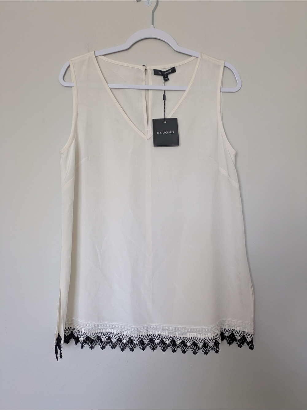 St. John Ivory Sleeveless V-Neck Top with Black Lace Hem